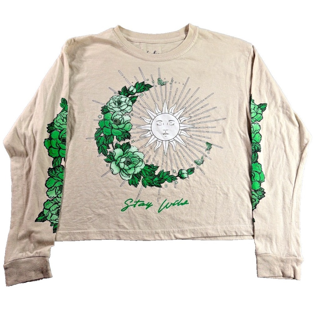 Weekend Warrior Women M Long Sleeve Tee Cream Stay Wild Sun Moon Floral Boho